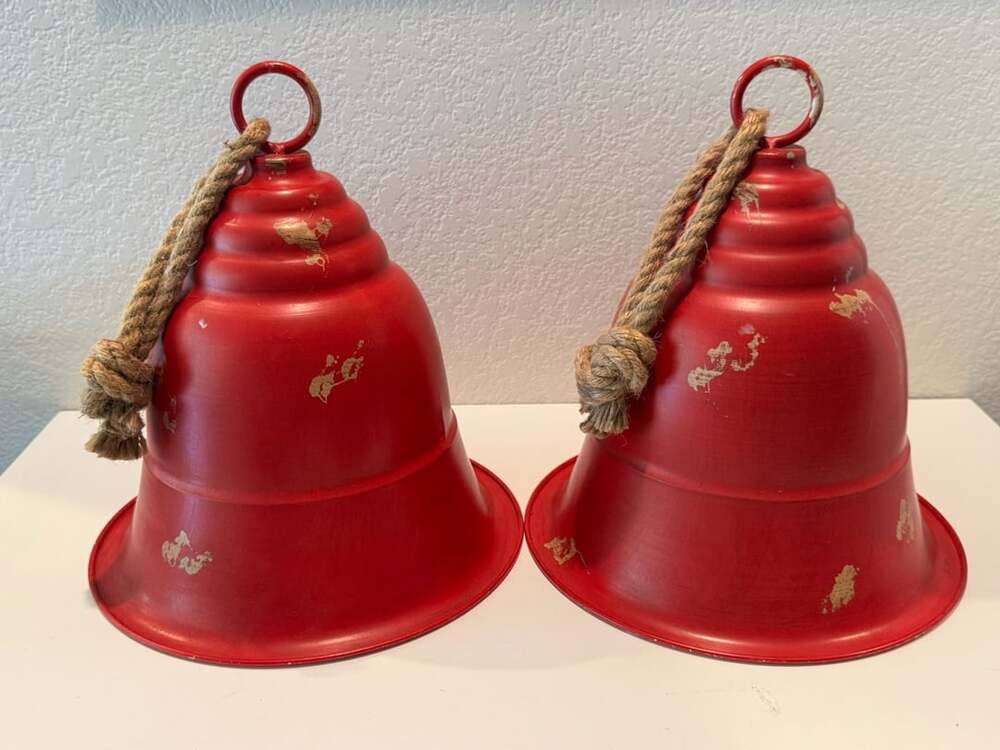 Regency Distressed Red Metal Christmas Bell with Jute Hanger Lot of 2